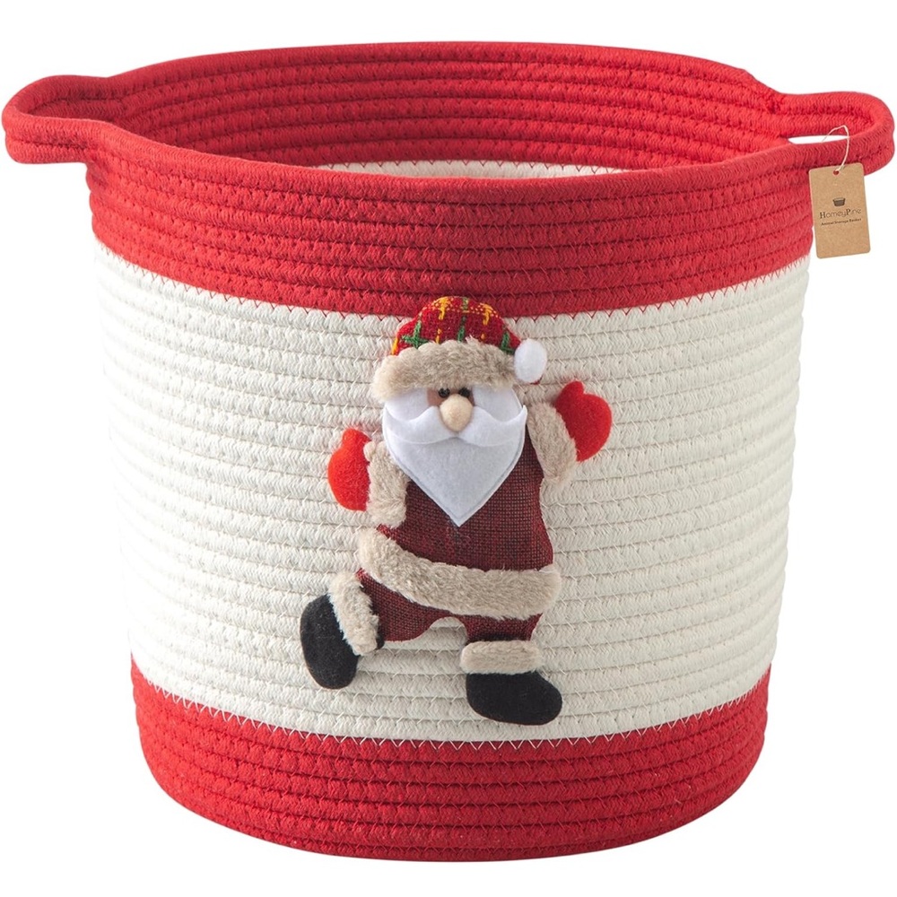 NWT Christmas Basket with Santa Claus Doll, Woven Cotton Rope Christmas Storage